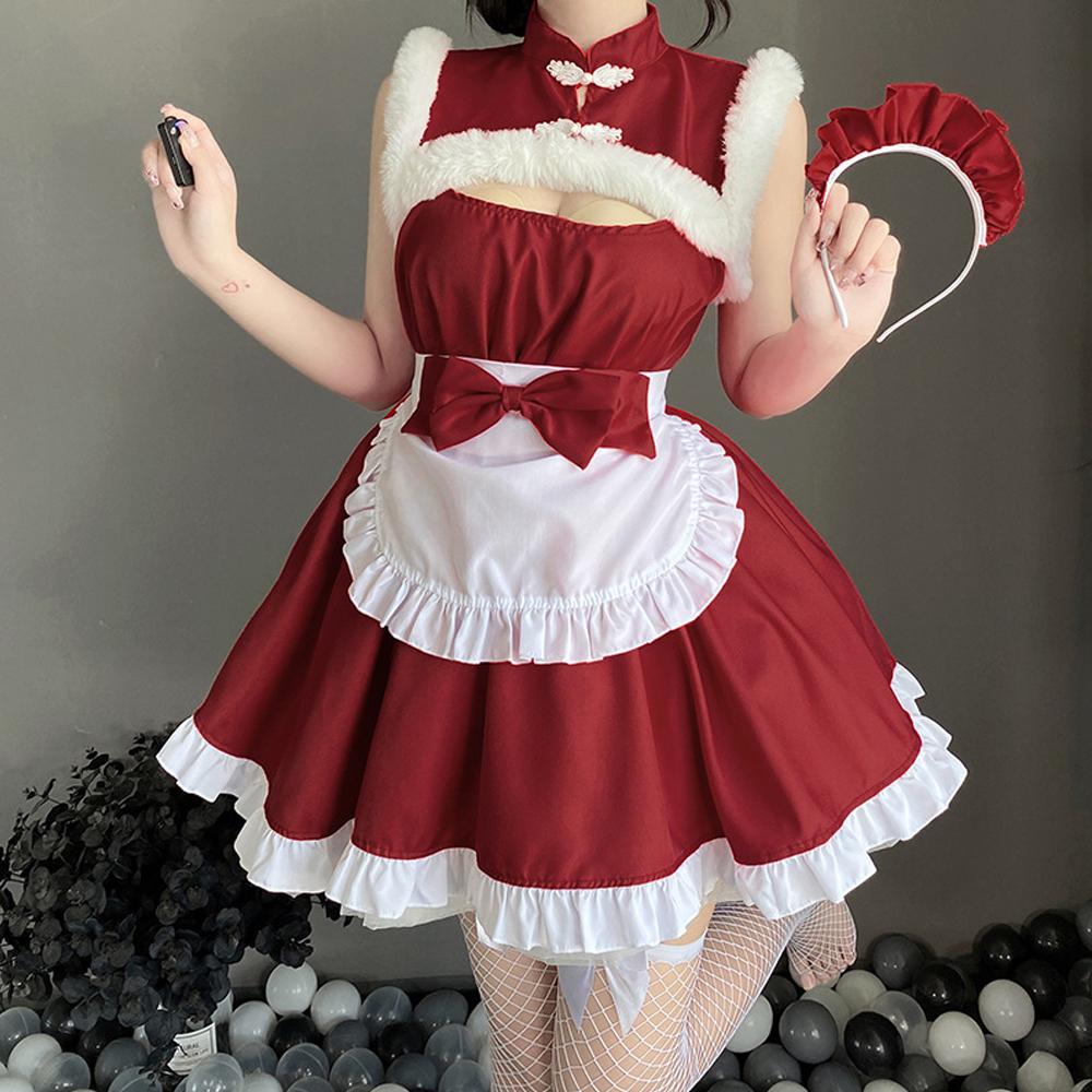 かわいいメイド服 いたずらエルフコスチューム 赤いノースリーブロリータドレス